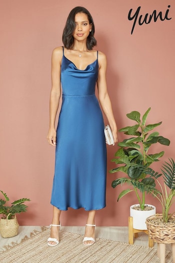 Yumi Blue Satin Cowl Neck Midi Dress (B85643) | £55