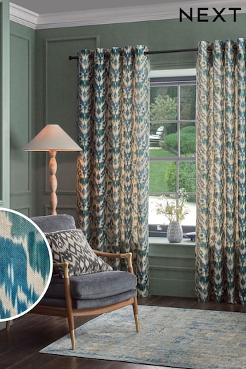 Blue/Green Ikat Linen Blend Eyelet Lined Curtains (B85797) | £100 - £220