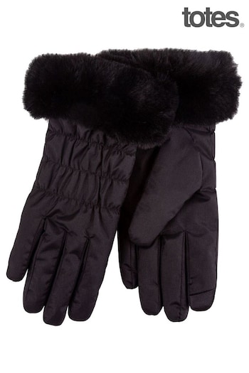 Totes Black Water Repellent Padded Smartouch Gloves With Faux Fur Cuff (B85822) | £20