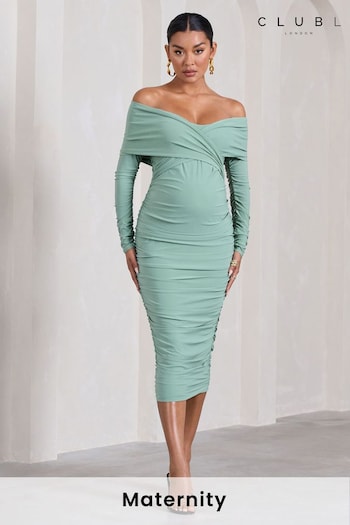 Club L London Green Maternity Davina Ruched Twist Bardot Long Sleeve Midi Dress (B85985) | £65