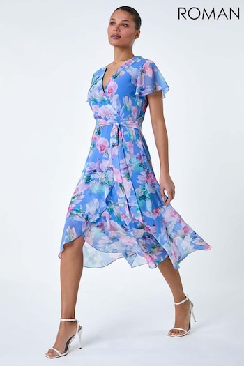 Roman Blue Floral Frill Detail Wrap Dress (B86019) | £55