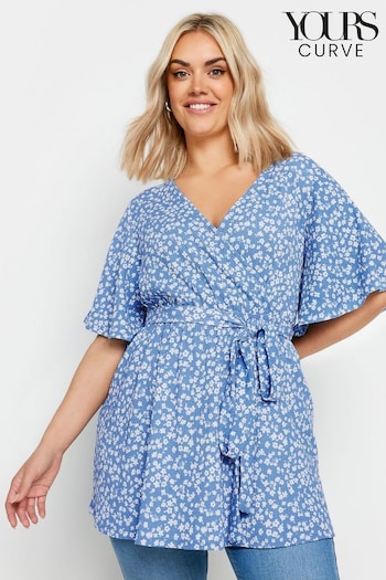 Yours Curve Blue Floral Print Textured Wrap Top (B86122) | £29