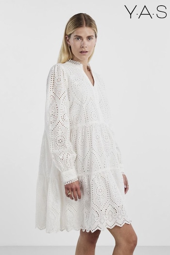 Y.A.S White Broderie Long Sleeve Tiered Dress Satin (B86213) | £75