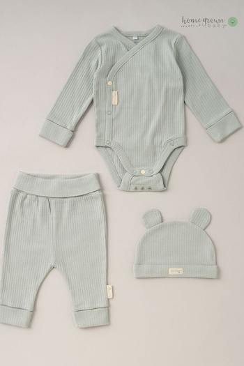 Homegrown Green 3 Piece Ribbed Bodysuit Joggers And Bear Hat Set (B86267) | £22