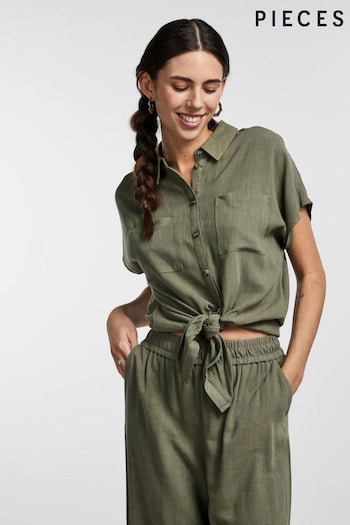 PIECES Green Linen Blend Tie Front Co-Ord Top (B86298) | £38