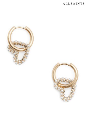AllSaints Gold Stone Pearl Heart Charm Huggies Earrings (B86317) | £39