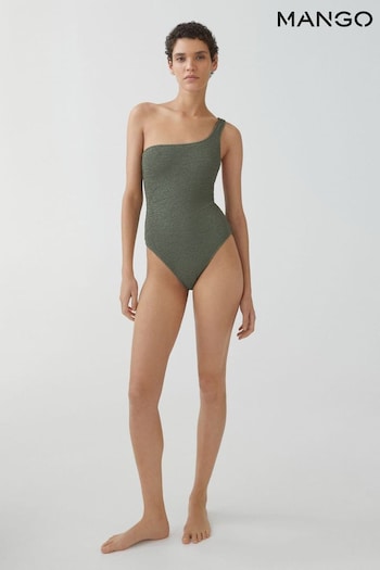 Mango Khaki Crinkle One Shoulder Swimsuit (B86478) | £50
