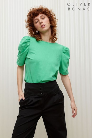 Oliver Bonas Green Ruched Sleeve Jersey Blouses (B86669) | £35