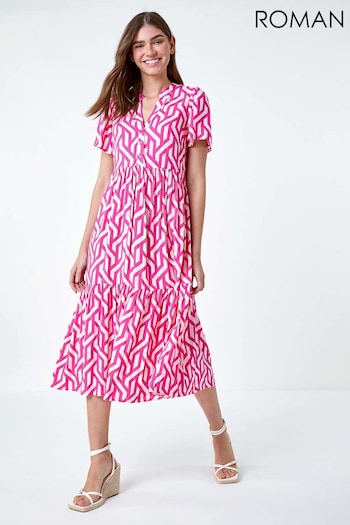 Roman Pink Geometric Print Tiered Midi Dress (B86717) | £40