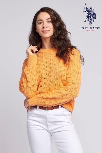 U.S. Polo Assn. Regular Fit Womens Orange Pointelle Knit Jumper (B86752) | £70