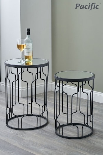 Pacific Black Mirrored Glass and Graphite Metal Round Tables Set of 2 (B86756) | £179.99