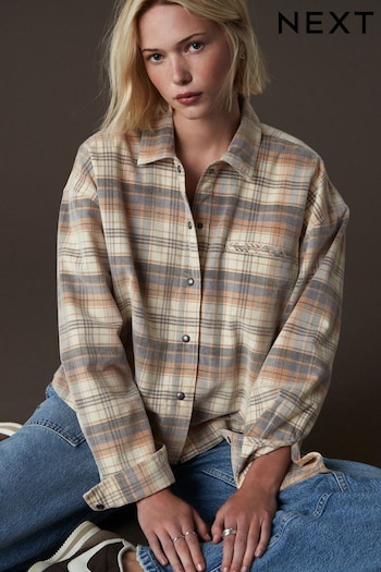 Ecru Cream/Blue Long Sleeve Check 100% Cotton Overshirt (B86921) | £35