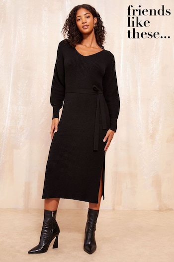 Friends Like These Black V Neck Belted Midi Dress (B87036) | £48