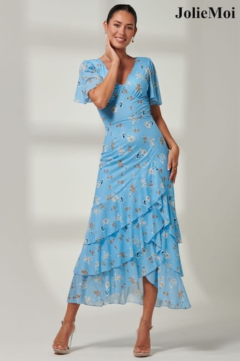 Jolie Moi Blue Daleysa Frill Hem Mesh Maxi Dress (B87125) | £89