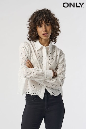 ONLY White Broderie Long Sleeve Shirt With Scallop Edge (B87148) | £32