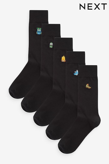 Black Camping Fun Embroidered Socks 5 Pack (B87200) | £14