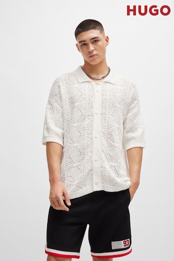 HUGO Relaxed-Fit Short-Sleeved White Shirt in Crochet Cotton (B87215) | £169