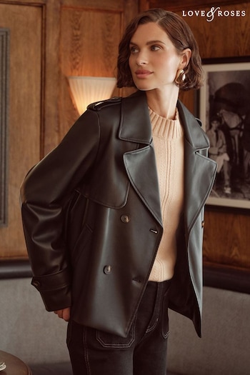 Love & Roses Black Faux Leather Cropped Trench Jacket (B87474) | £66