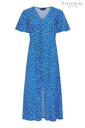 PixieGirl Petite Blue l Blue Ditsy Floral Print Button Front Midi Dress (B87547) | £34