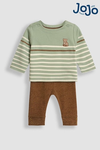 JoJo Maman Bébé Green Bear Embroidered Breton Top And Rib Leggings Set (B87555) | £27