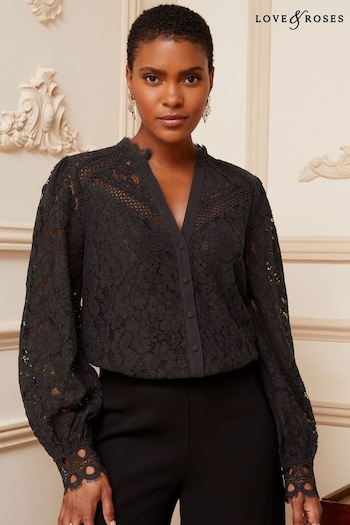 Love & Roses Black Lace Lace Mix Button Through Long Sleeve Blouse (B87640) | £46