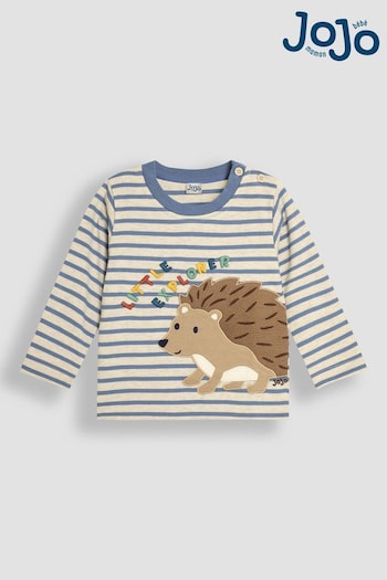 JoJo Maman Bébé Denim Stripe Hedgehog Long Sleeve Button Shoulder Striped Appliqué Top (B87818) | £18