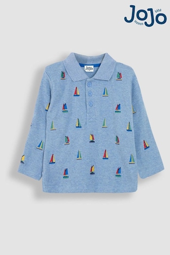 JoJo Maman Bébé Blue Sailboat Long Sleeve Embroidered Polo Shirt (B87896) | £19