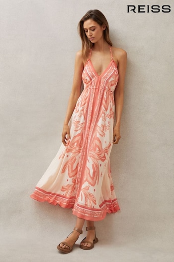 Reiss Coral Delilah Petite Printed Ruched Waist Midi Dress (B87941) | £248
