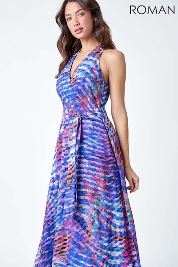 Roman Blue Abstract Print Halterneck Maxi Dress (B87969) | £60