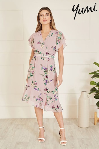 Yumi Pink Wrap Over Midi Dress With Frill Details And Matching Belt (B88183) | £60