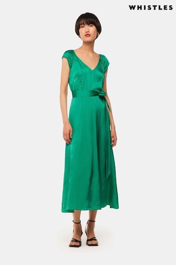 Whistles Green Arie Hammered Satin Midi Dress (B88201) | £189