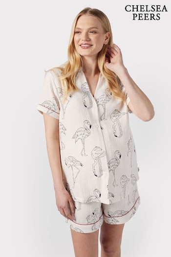 Chelsea Peers Cream Maternity Cotton Cheesecloth Flamingo Sketch Print Short Pyjama Set (B88385) | £45