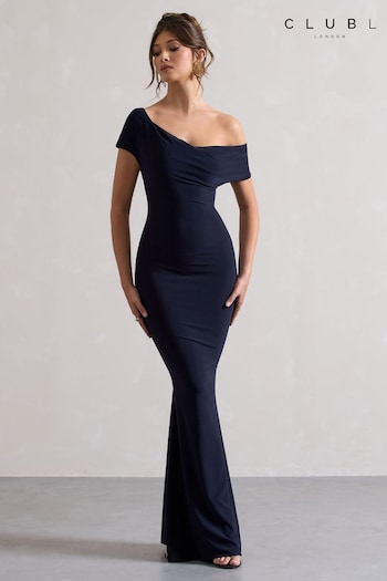 Club L London Navy Blue Avila Asymmetric Bardot Maxi Dress (B88826) | £60