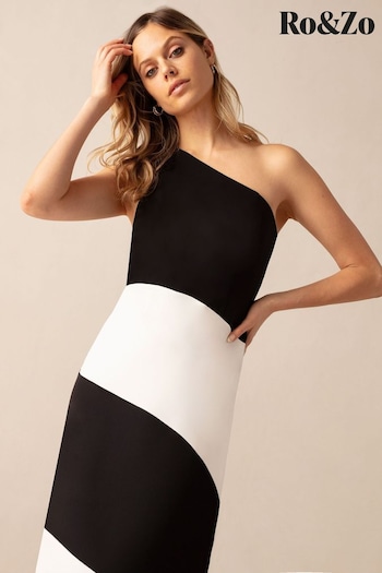 Ro&Zo Sofia Mono Stripe One Shoulder Maxi Dress (B89147) | £169
