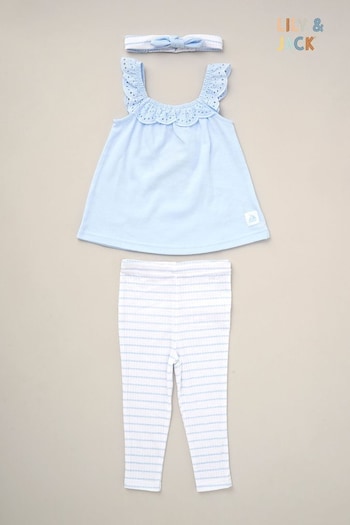 Lily & Jack Blue Broderie Top Stripe Leggings And Headband Outfit Set 3 Piece (B89262) | £18