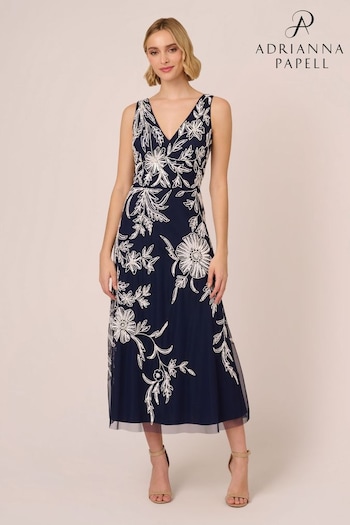 Adrianna Papell Blue Beaded Sleeveless Dress (B89302) | £299
