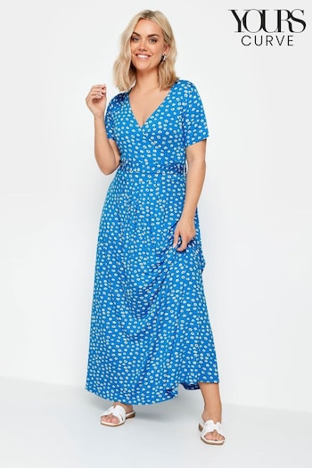 Yours Curve Blue Ditsy Floral Print Wrap Maxi Dress Owens (B89418) | £37