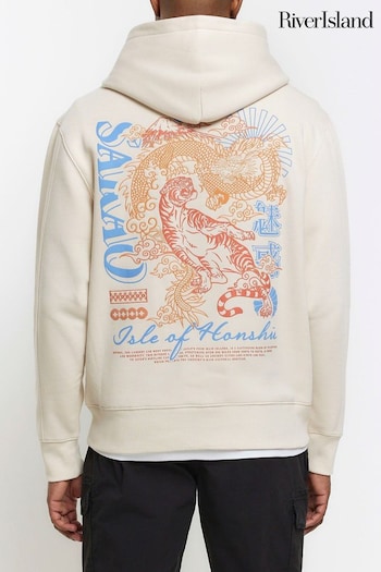 River Island Cream Long Sleeve Regular Fit Sakao Embroidery Hoodie (B89563) | £40