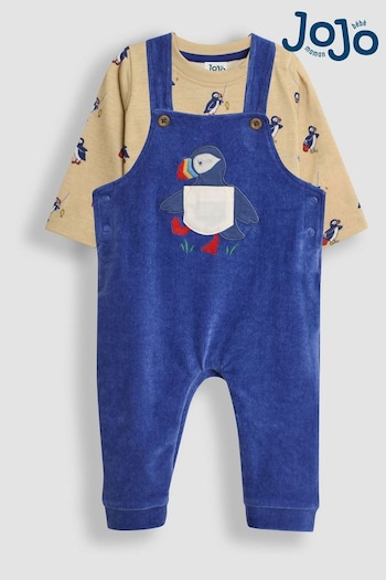 JoJo Maman Bébé Blue 2-Piece Velour Appliqué Dungarees & Top Set (B89569) | £28