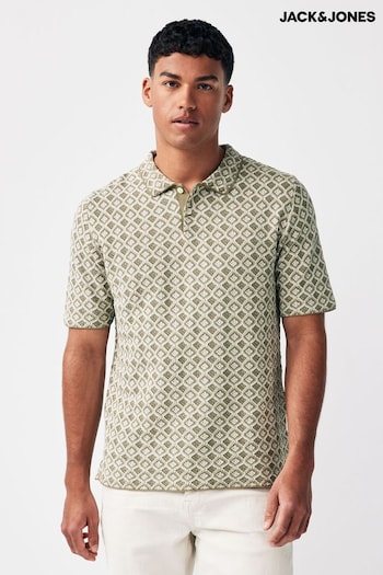 JACK & JONES Green Textured Geo Print Knitted Smart Polo Shirt (B89693) | £45