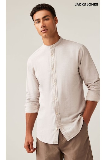 JACK & JONES Grey Linen Blend Grandad Collar Long Sleeve Shirt (B89716) | £30