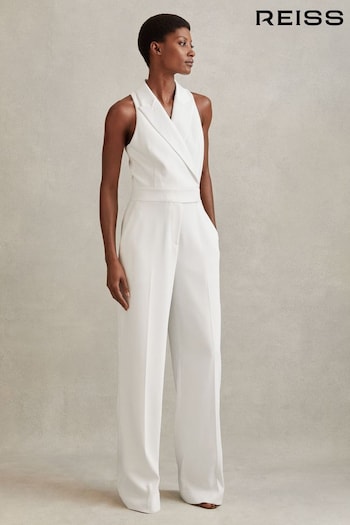 Reiss White Lainey Petite Double Breasted Satin Tux Jumpsuit (B89764) | £228