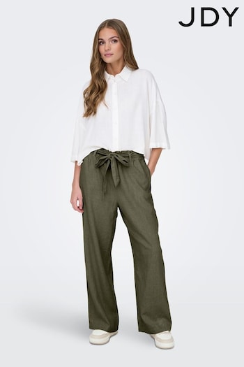 JDY Green Linen Blend Tie Front Wide Leg Trousers Length (B89830) | £30
