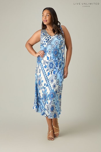 Live Unlimited Curve - Blue Tile Print Bias Slip Dress (B90121) | £99