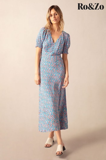 Ro&Zo Blue Ditsy Print Shirred Cuff Midi Dress (B90173) | £99