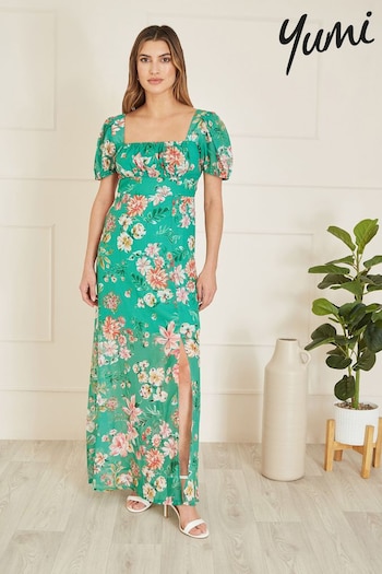 Yumi Green Floral Print Square Neck Maxi Dress With Split Hemline (B90195) | £50
