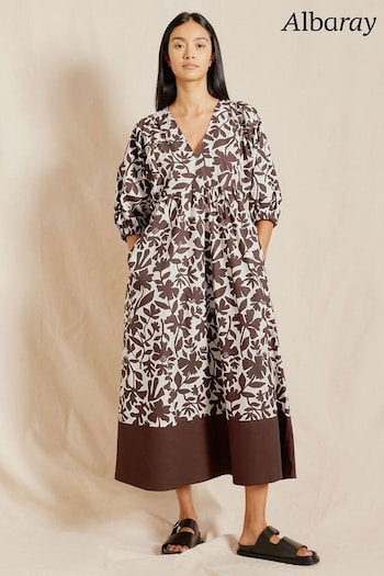 Albaray Cut Out Floral  V-Neck Brown Dress (B90246) | £110