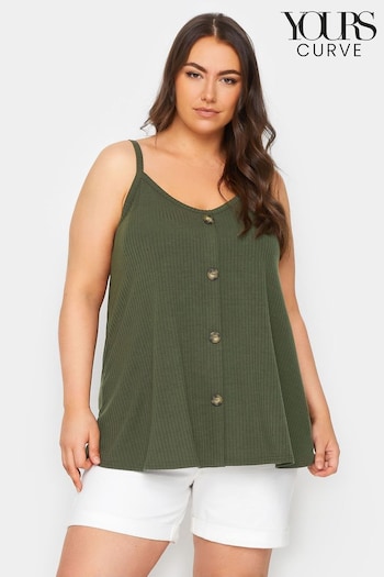 Yours Curve Green Pink Ribbed Button Front Cami Top (B90360) | £20