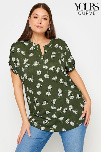 Yours Curve Green Abstract Print Textured Notch Neck Top (B90503) | £24