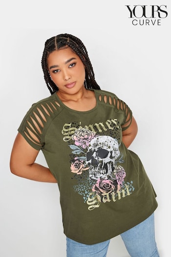 Yours Curve Khaki Green Cut Out Butterfly Embellished T-Shirt (B90664) | £20
